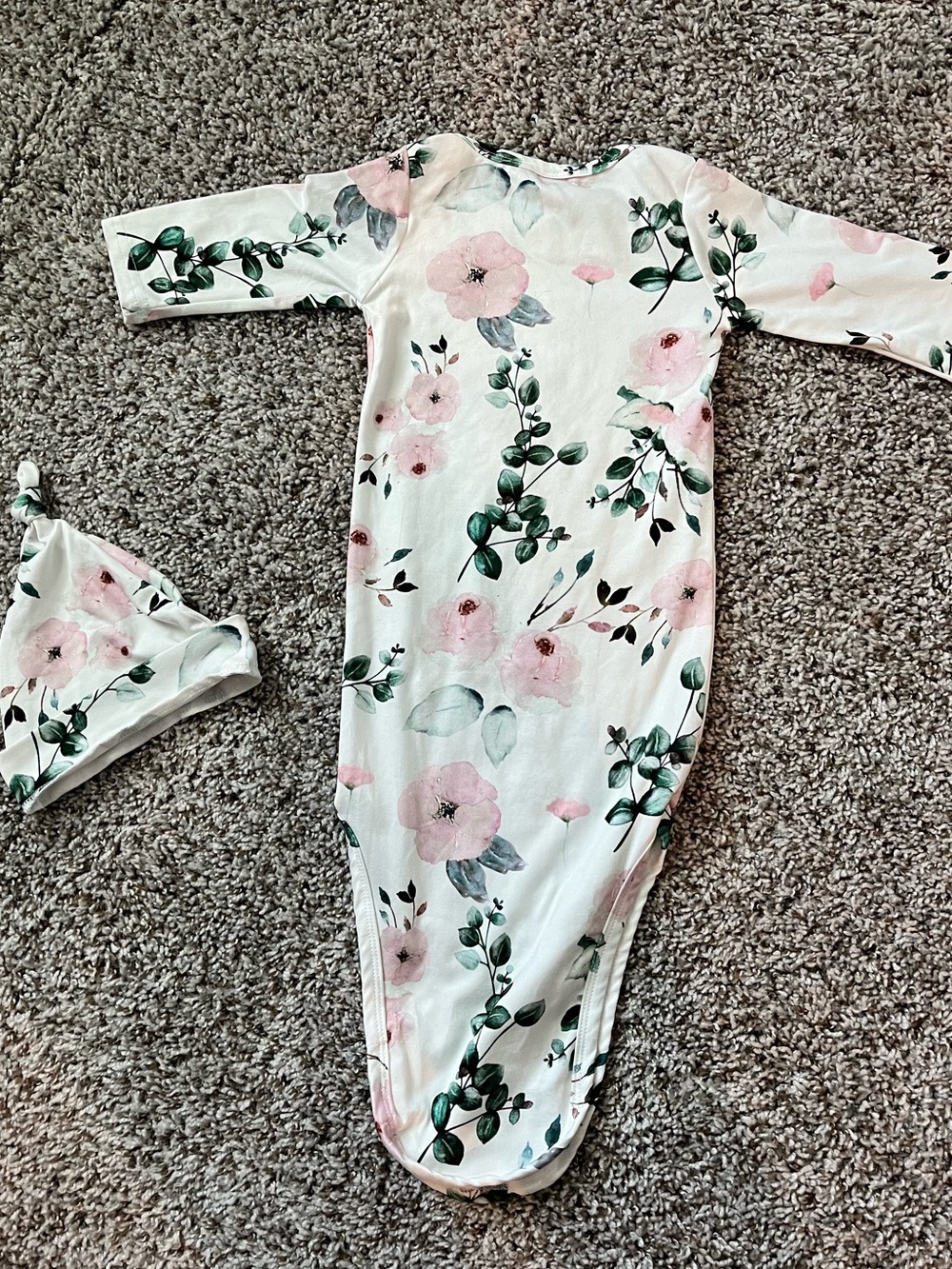 Newborn Baby Girl Pink Floral and Eucalyptus Knotted Gown and Hat 0-3 Months - Picture 4 of 4